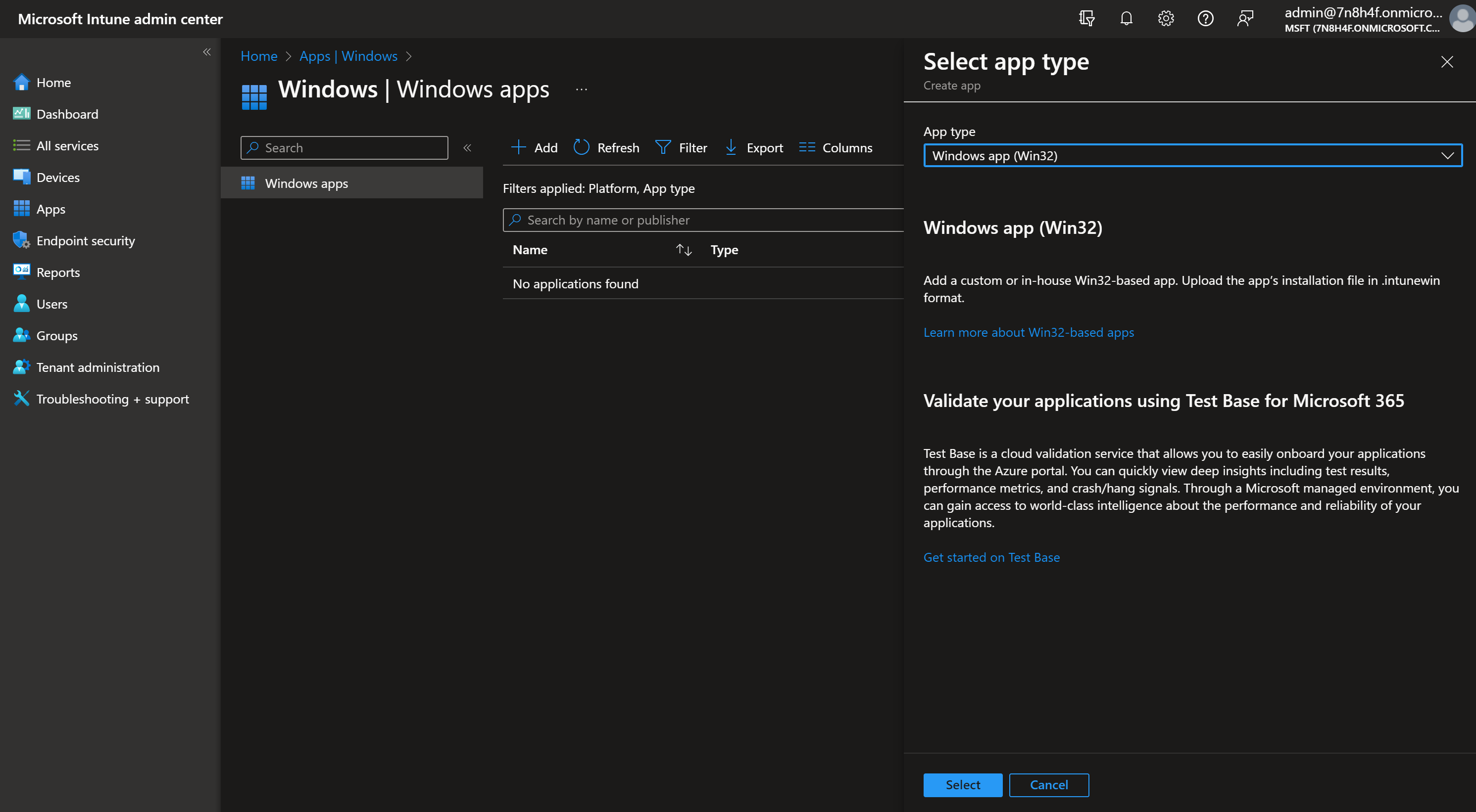 Selecting Windows app (Win32) in Intune